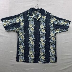 Tommy Bahama Silk Camp Shirt Mens Medium Navy Blue Hibiscus Floral Stripe